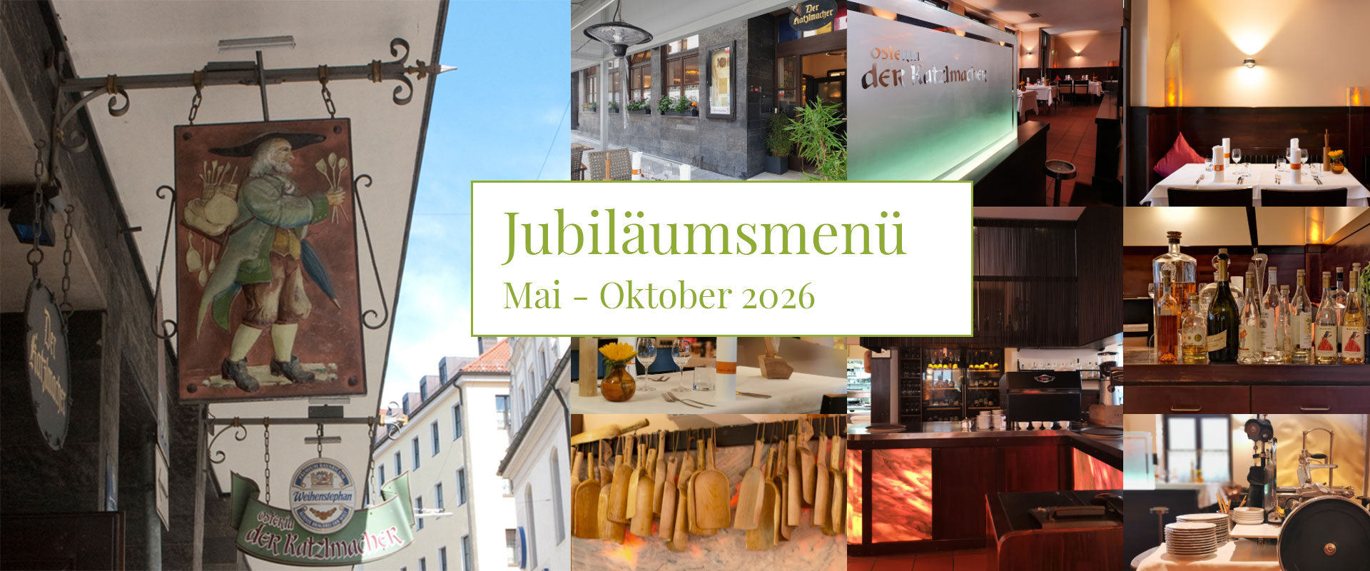 Collage banner of a restaurant with dining rooms, bar, and storefronts, featuring the text Jubiläumsmenü Mai - Oktober 2026 in a white card